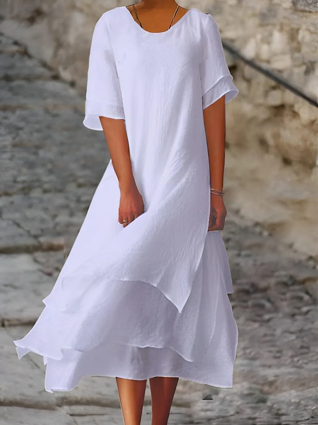Akivide Women's Summer Flowy Tiered Layed Linen Maxi Dress Casual Loose A-Line Short Sleeve Sundress for Women 2024