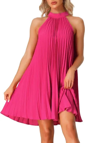 Allegra K Women's Tie Halter Neck Dress Sleeveless Summer Solid Color Flowy Pleated Beach Dress Sundress