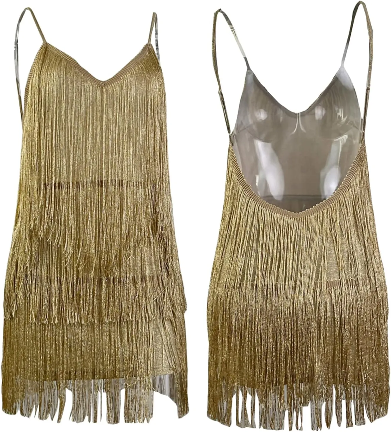 Aopwsrlyi Sparkly Tassels Fringe Dress for Women Sexy Deep V Neck Backless Sequin Mini Dress Party Evening Cocktail Dress