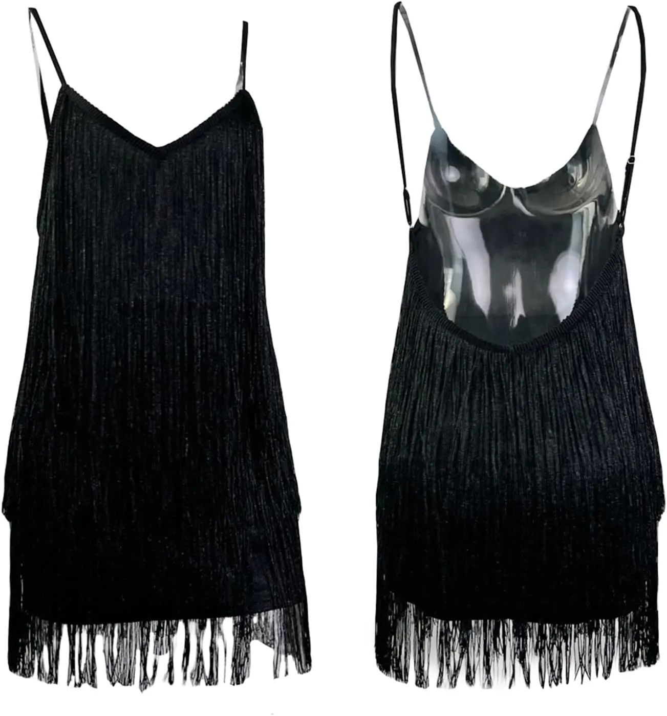 Aopwsrlyi Sparkly Tassels Fringe Dress for Women Sexy Deep V Neck Backless Sequin Mini Dress Party Evening Cocktail Dress