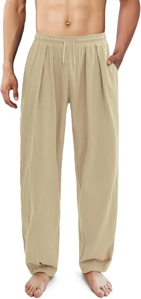 Cotton Linen Pants Men Casual Elastic Waist Drawstring Beach Trousers with Pockets Summer Lightweight Yoga Long Pants