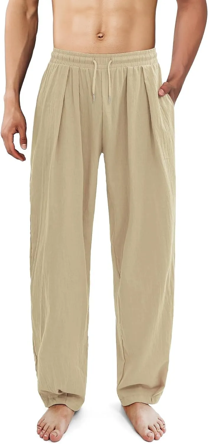 Cotton Linen Pants Men Casual Elastic Waist Drawstring Beach Trousers with Pockets Summer Lightweight Yoga Long Pants