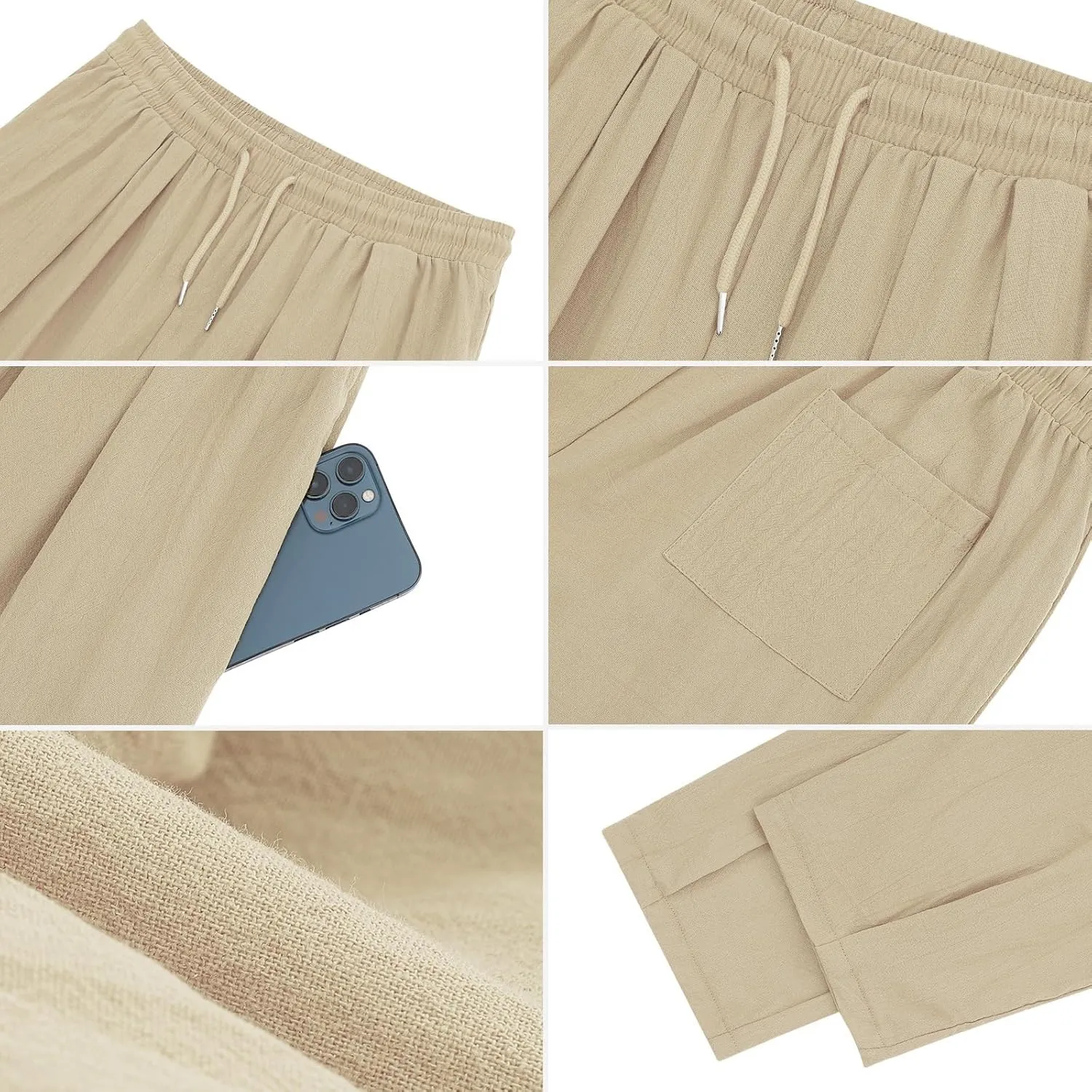 Cotton Linen Pants Men Casual Elastic Waist Drawstring Beach Trousers with Pockets Summer Lightweight Yoga Long Pants