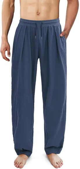 Cotton Linen Pants Men Casual Elastic Waist Drawstring Beach Trousers with Pockets Summer Lightweight Yoga Long Pants
