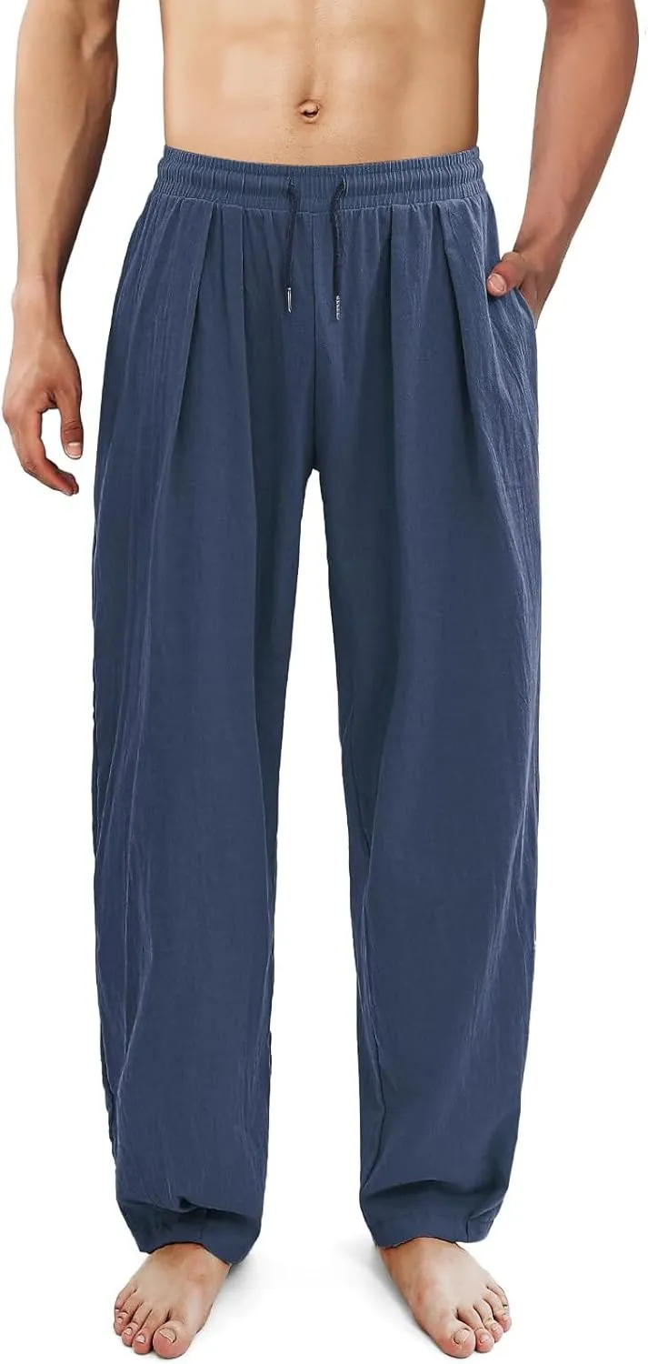 Cotton Linen Pants Men Casual Elastic Waist Drawstring Beach Trousers with Pockets Summer Lightweight Yoga Long Pants