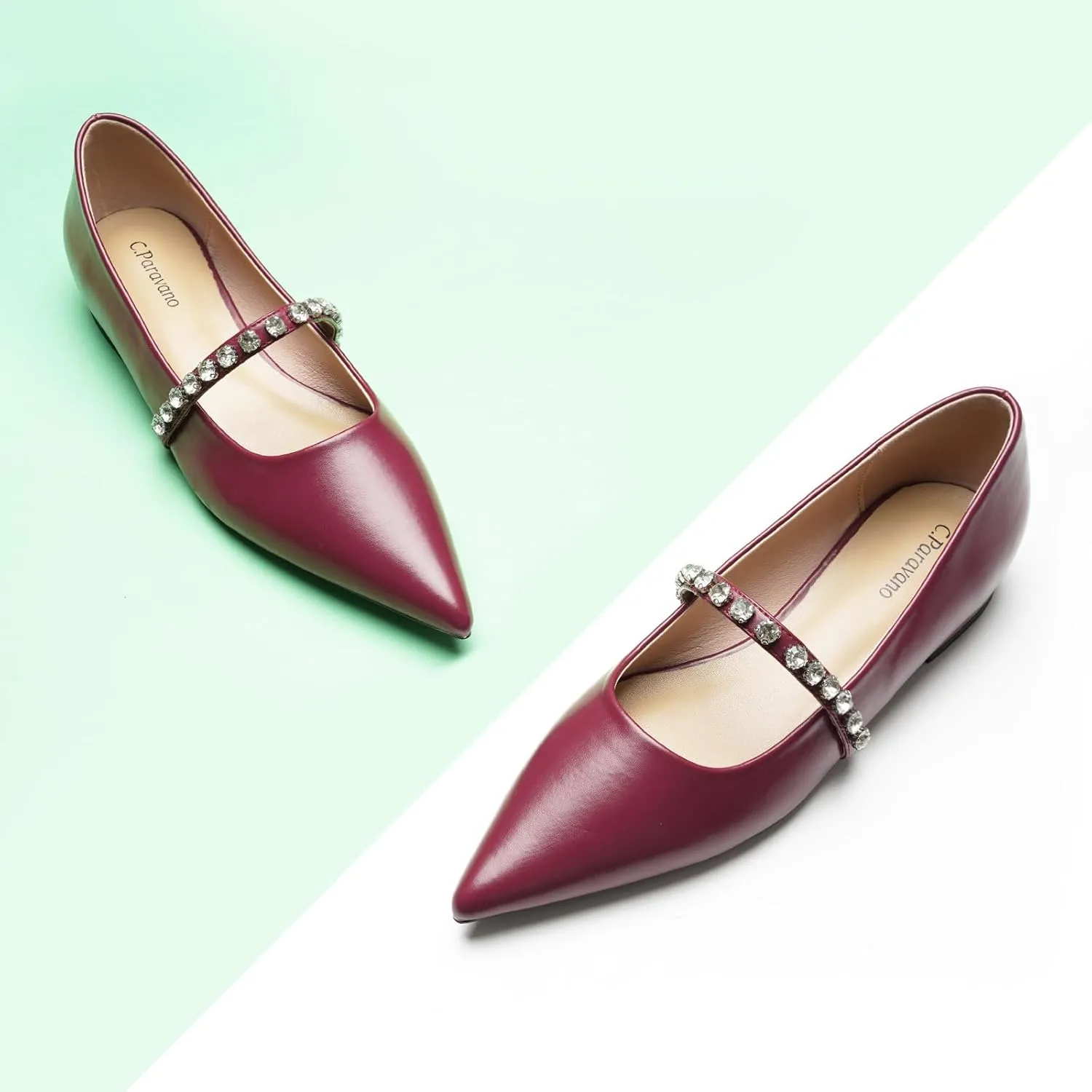 C.Paravano Crystal Strap Flats Pointed Toe Shoes Mary Jane Women's Flats for Dressy Office Causal