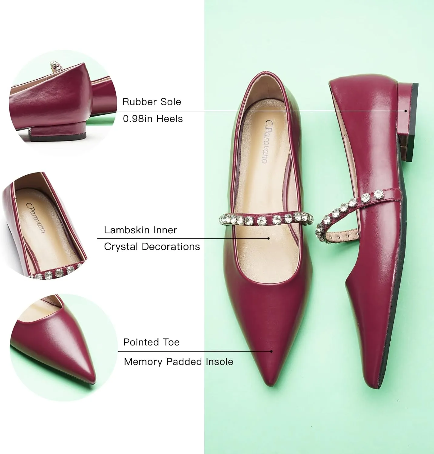 C.Paravano Crystal Strap Flats Pointed Toe Shoes Mary Jane Women's Flats for Dressy Office Causal