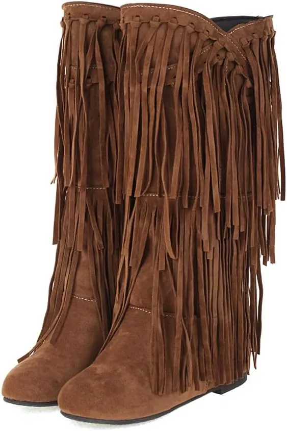 gongxifacai Womens Fringe Western Boots Fashion Hidden Heel Knee-high Boots