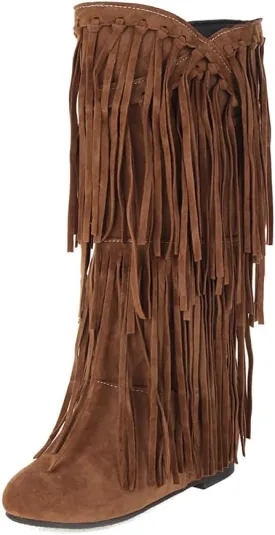 gongxifacai Womens Fringe Western Boots Fashion Hidden Heel Knee-high Boots