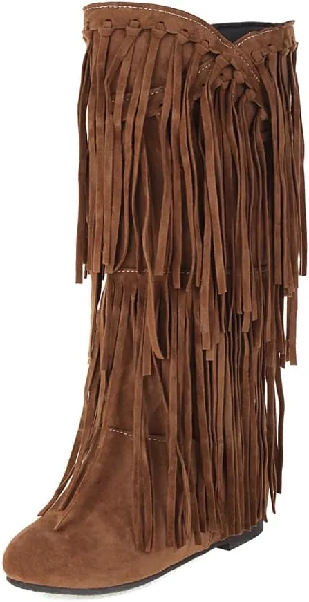 gongxifacai Womens Fringe Western Boots Fashion Hidden Heel Knee-high Boots