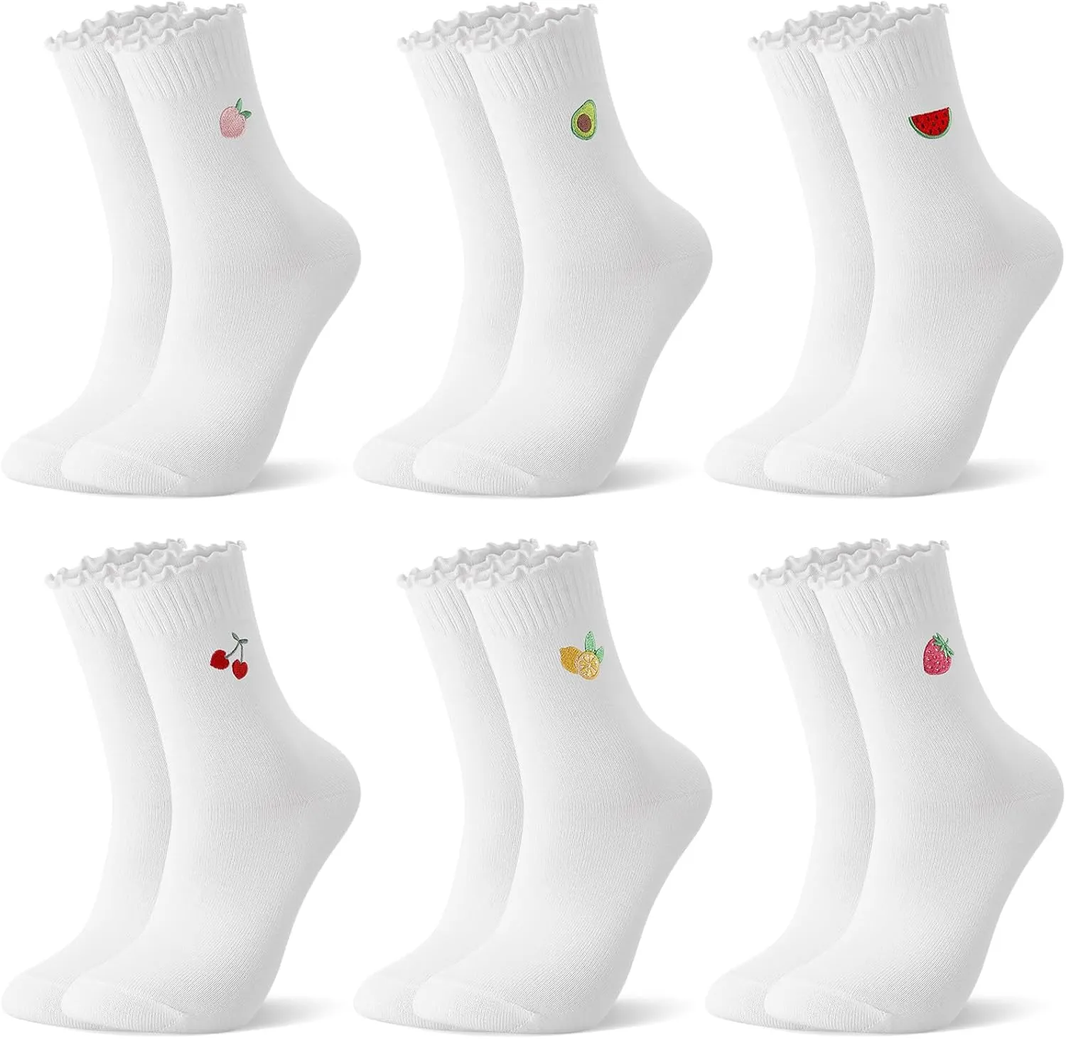 Jspupifip 6 Pairs Women Ruffle Socks Cute Frilly Crew Socks Embroidery Fruits Cotton Turn-Cuff High Ankle Sock for Women Size 6-9