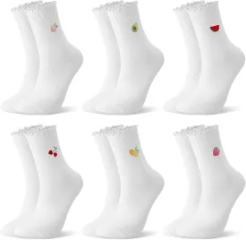 Jspupifip 6 Pairs Women Ruffle Socks Cute Frilly Crew Socks Embroidery Fruits Cotton Turn-Cuff High Ankle Sock for Women Size 6-9