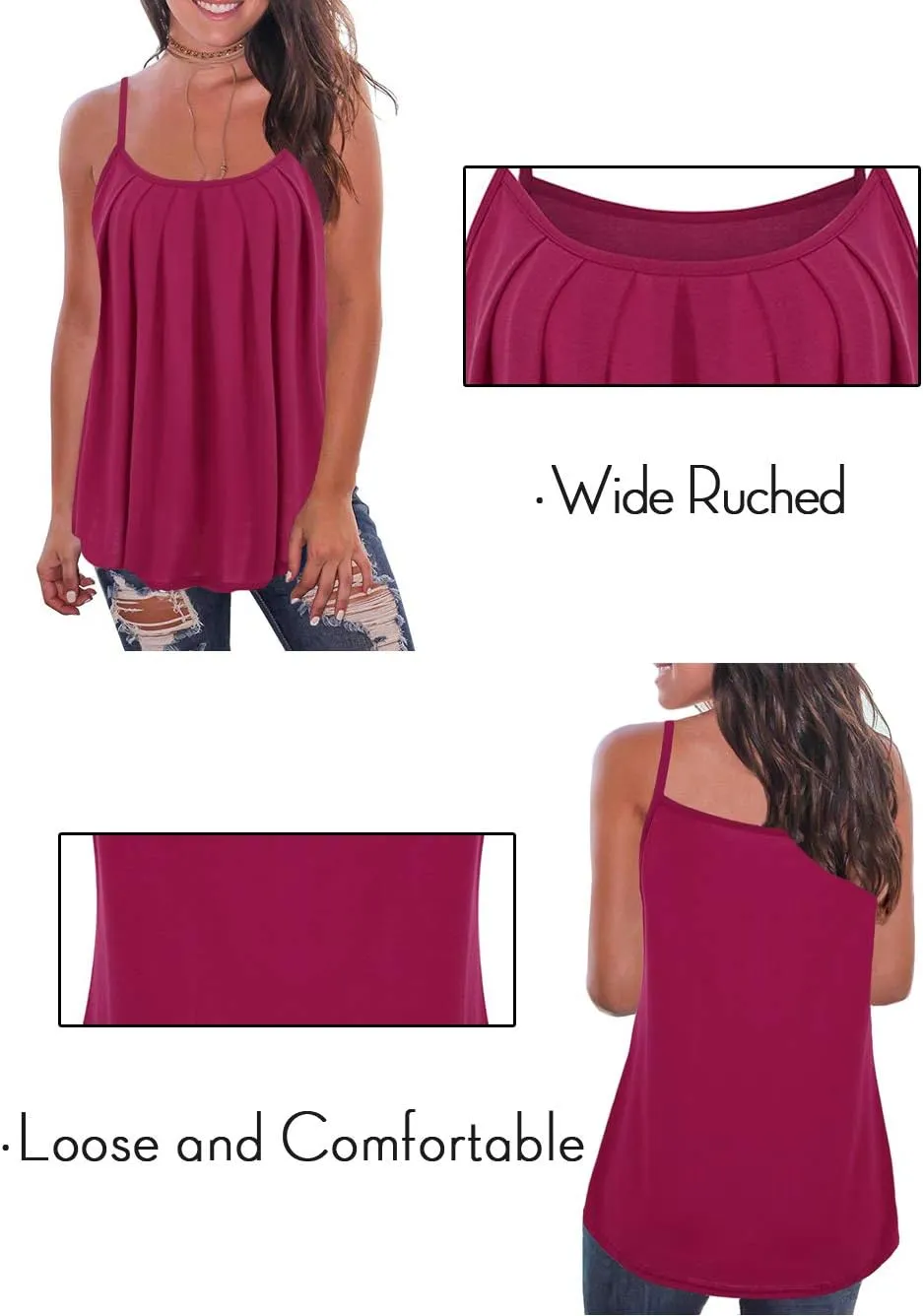 Kaei&Shi Print Long Vest,Flowy Tank Top for Women,Loose Cami,Pleated Dressy Swing Spaghetti Strap Camisole