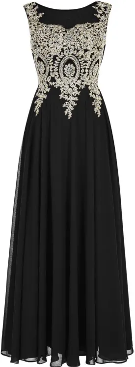 Lemai Crystals Gold Lace Chiffon A Line Sheer Back Formal Long Prom Evening Dresses