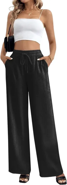 Linen Pants for Women Wide Leg Summer Palazzo Pants Flowy Beach Pants with Pockets