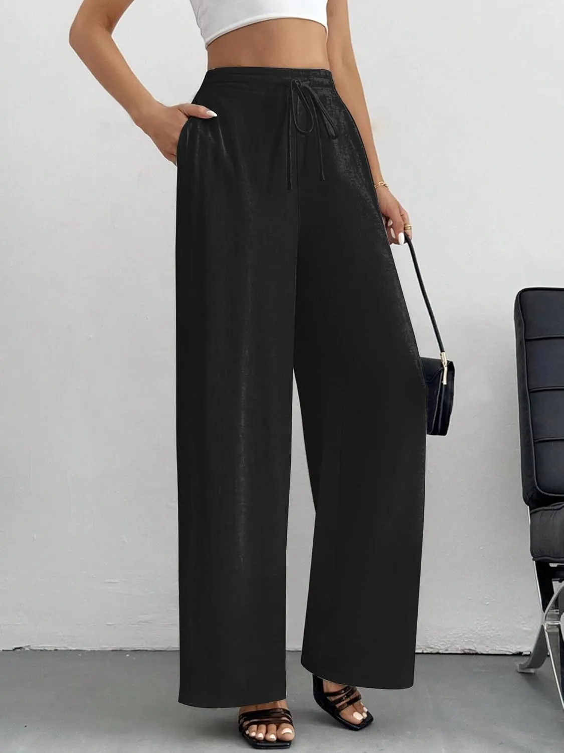 Linen Pants for Women Wide Leg Summer Palazzo Pants Flowy Beach Pants with Pockets