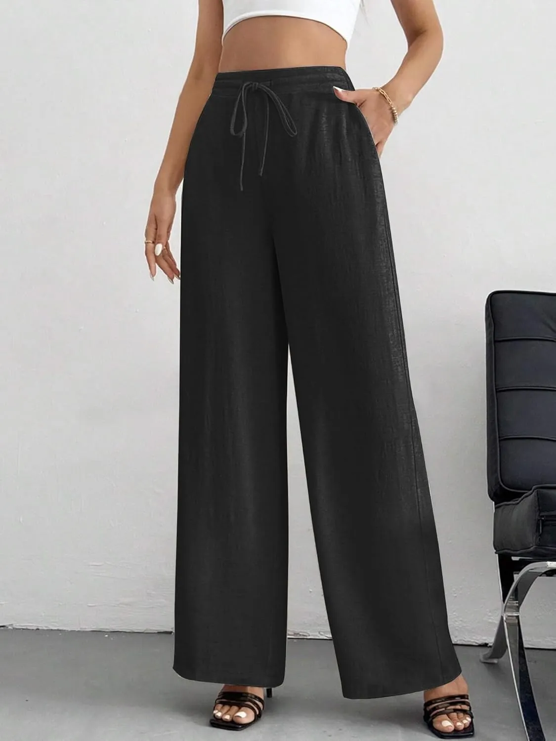 Linen Pants for Women Wide Leg Summer Palazzo Pants Flowy Beach Pants with Pockets