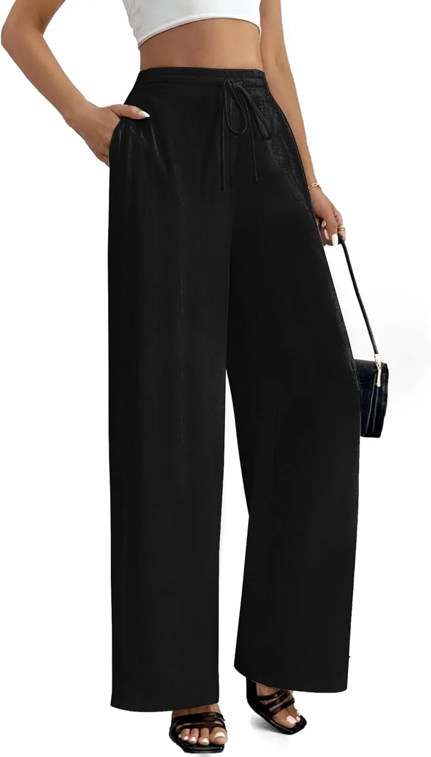 Linen Pants for Women Wide Leg Summer Palazzo Pants Flowy Beach Pants with Pockets
