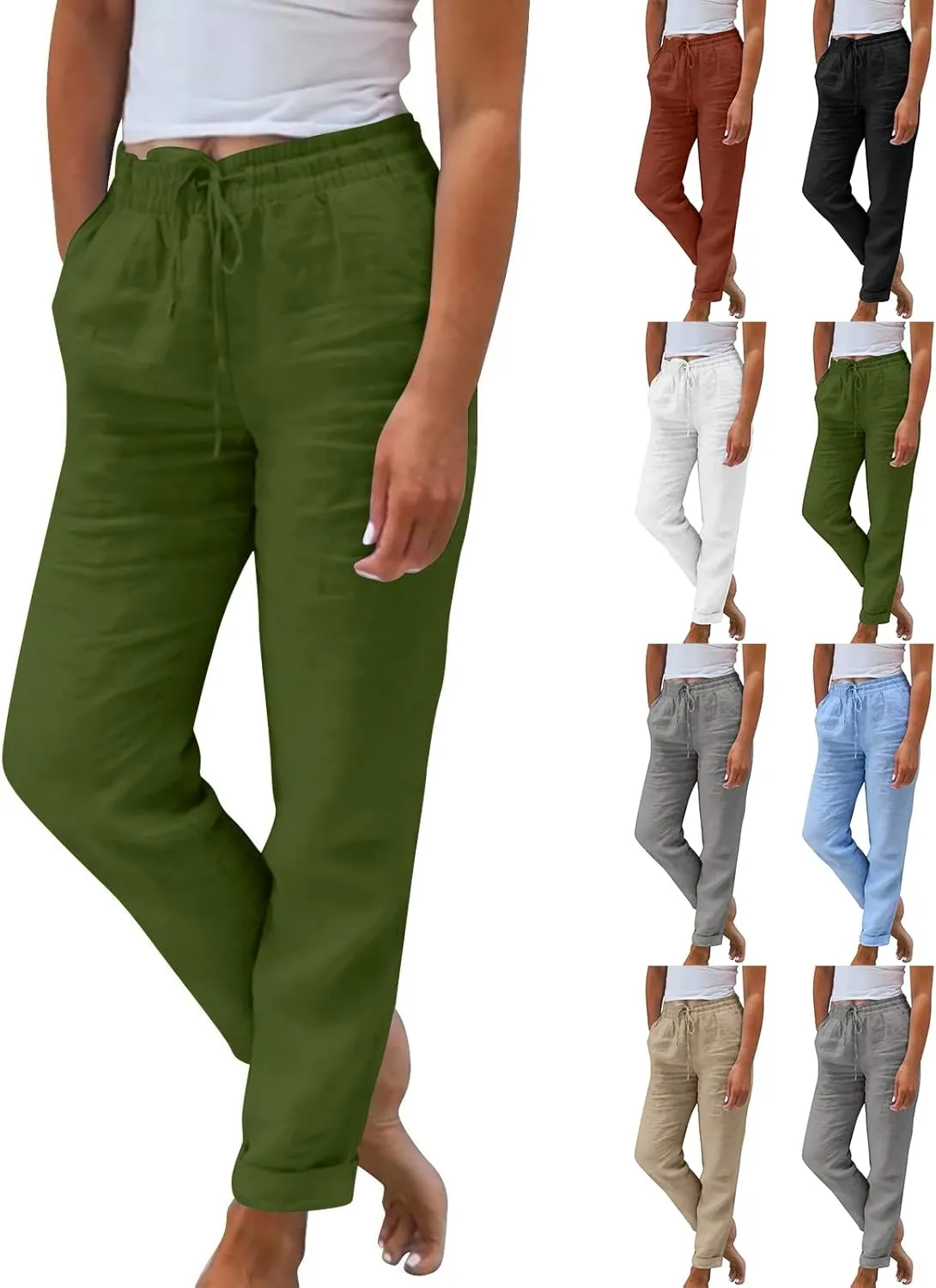 Linen Pants Women Comfy Elastic Waist Drawstring Cotton Pants Lightweight Tapered Lounge Vacation Beach Pants