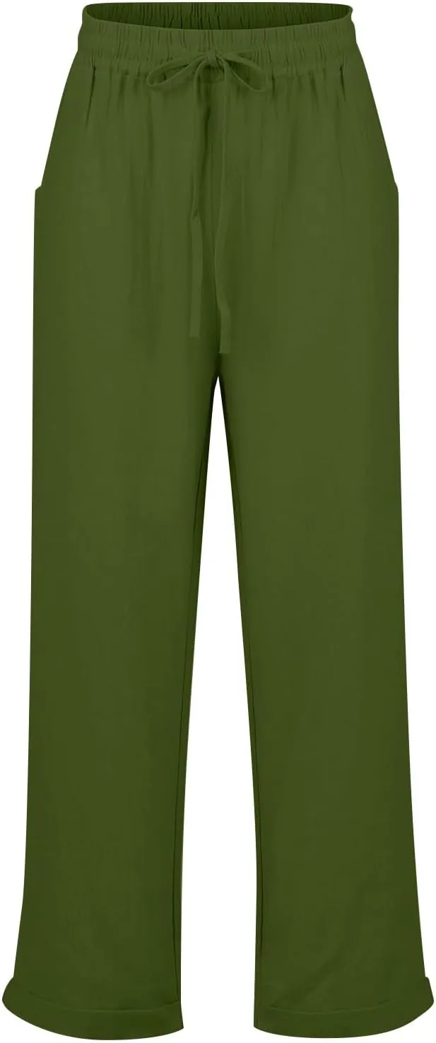 Linen Pants Women Comfy Elastic Waist Drawstring Cotton Pants Lightweight Tapered Lounge Vacation Beach Pants