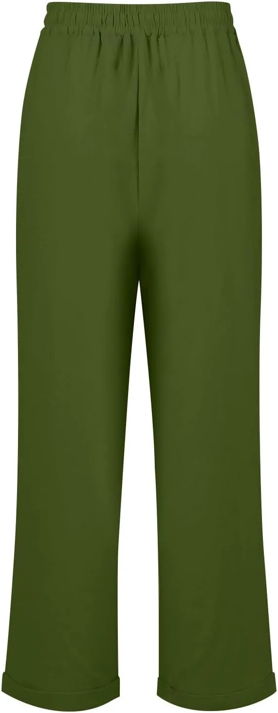 Linen Pants Women Comfy Elastic Waist Drawstring Cotton Pants Lightweight Tapered Lounge Vacation Beach Pants