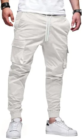 Mens Cargo Jogger Pants Elastic Waist Drawstring Regular with Zipper Pockets Cotton Pants for Men