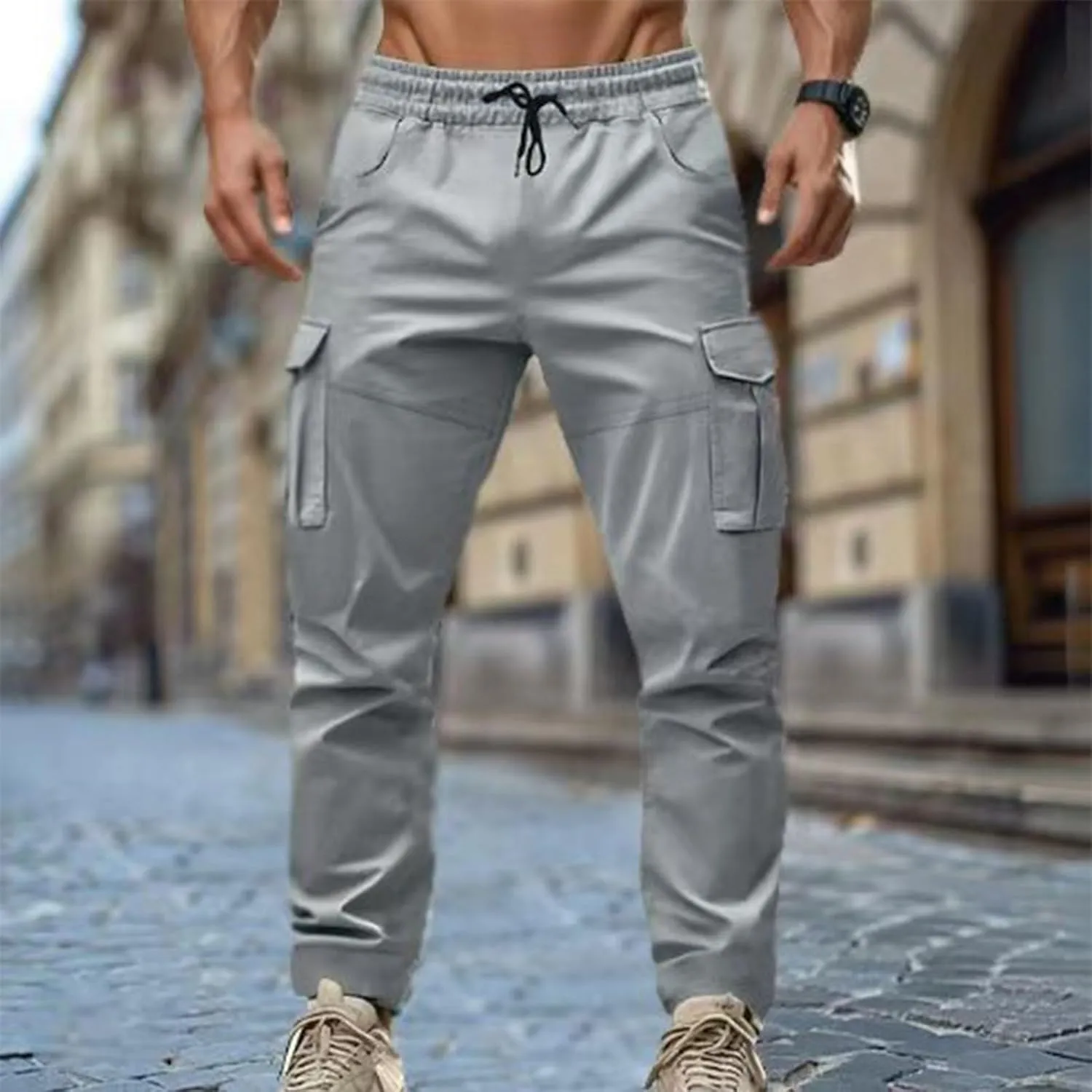 Men's Cargo Pant Elastic Drawstring Waist Straight Leg Pants with Pockets Casual Water Resistant Tapered Trousers