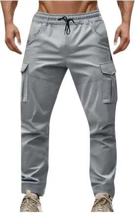 Men's Cargo Pant Elastic Drawstring Waist Straight Leg Pants with Pockets Casual Water Resistant Tapered Trousers