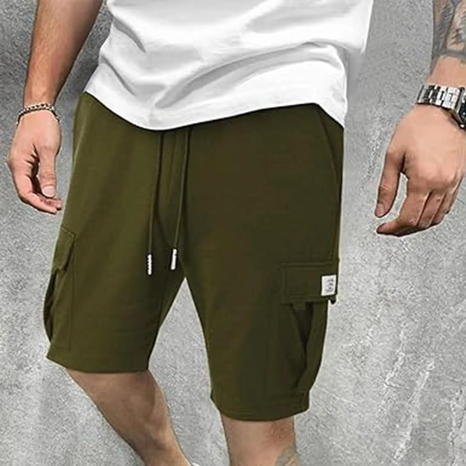 Mens Cargo Sweat Shorts Casual Drawstring Elastic Waist Athletic Workout Gym Jogger Shorts Summer Sport Short Pockets