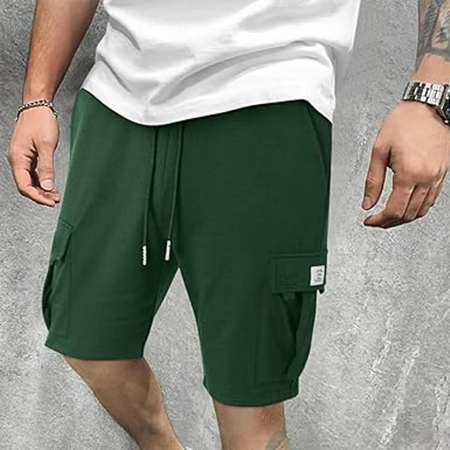 Mens Cargo Sweat Shorts Casual Drawstring Elastic Waist Athletic Workout Gym Jogger Shorts Summer Sport Short Pockets