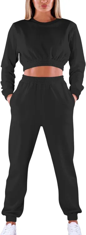 Mokoru Women's Workout 2 Piece Outfits Tracksuit Long Sleeve Crop Tops Joggers Pants Sets Sweatsuits