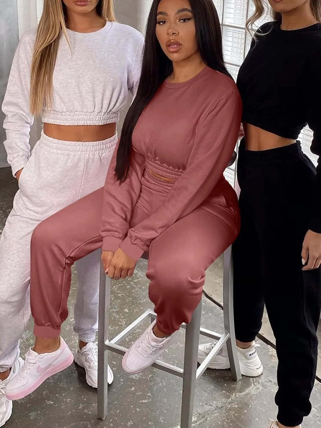 Mokoru Women's Workout 2 Piece Outfits Tracksuit Long Sleeve Crop Tops Joggers Pants Sets Sweatsuits