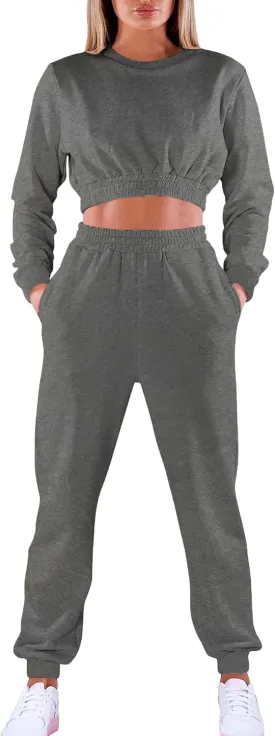 Mokoru Women's Workout 2 Piece Outfits Tracksuit Long Sleeve Crop Tops Joggers Pants Sets Sweatsuits