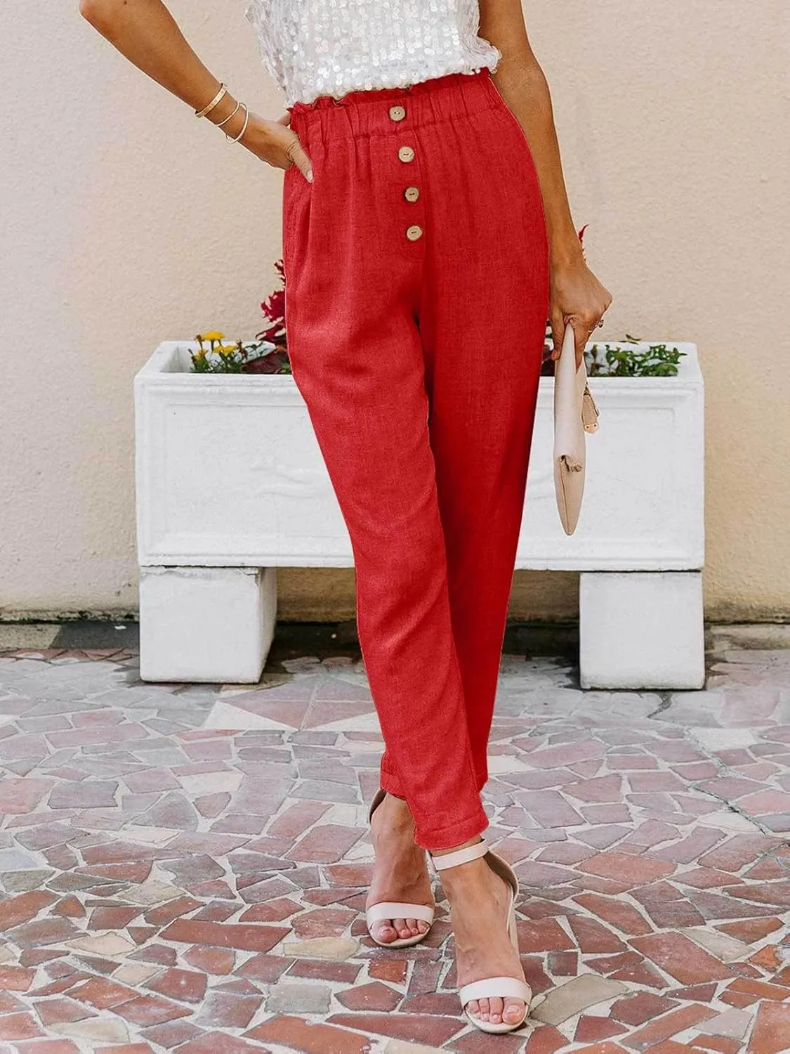 NIMIN Womens Casual Pants High Waisted Work Pants Elastic Cropped Dress Paper Bag Pants with Pockets