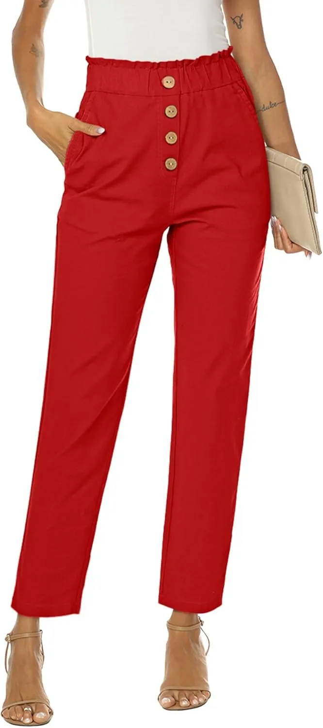 NIMIN Womens Casual Pants High Waisted Work Pants Elastic Cropped Dress Paper Bag Pants with Pockets