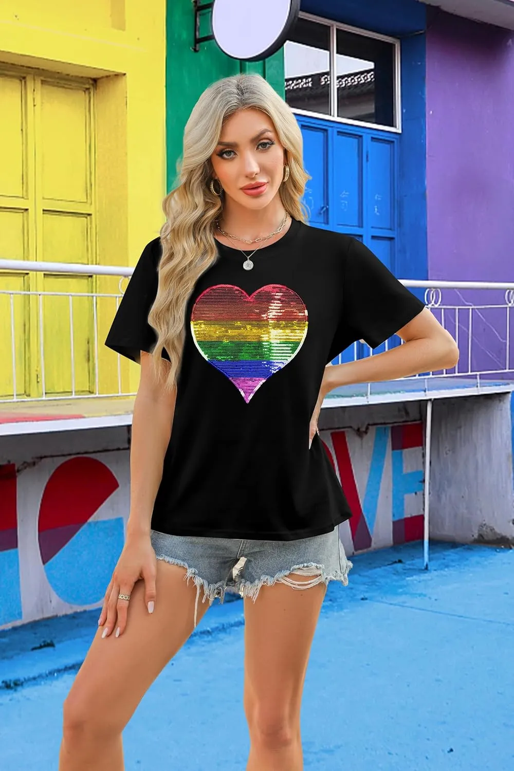 Pride Shirt Women LGBTQ Shirt: Sequin Rainbow Heart Shirts LGBT Equality T-Shirt Gay Proud Inspirational Short Sleeve Tees
