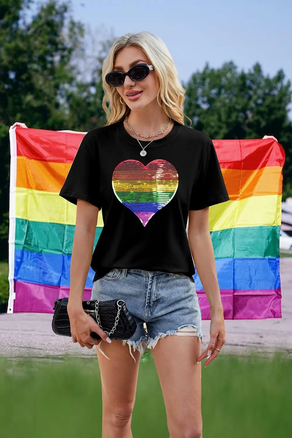 Pride Shirt Women LGBTQ Shirt: Sequin Rainbow Heart Shirts LGBT Equality T-Shirt Gay Proud Inspirational Short Sleeve Tees