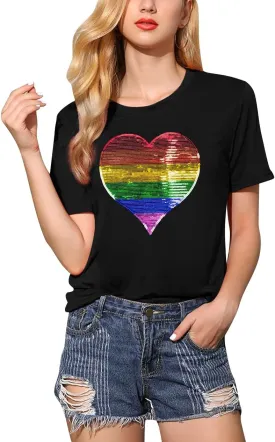 Pride Shirt Women LGBTQ Shirt: Sequin Rainbow Heart Shirts LGBT Equality T-Shirt Gay Proud Inspirational Short Sleeve Tees