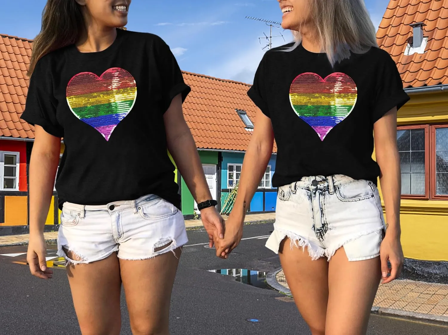 Pride Shirt Women LGBTQ Shirt: Sequin Rainbow Heart Shirts LGBT Equality T-Shirt Gay Proud Inspirational Short Sleeve Tees