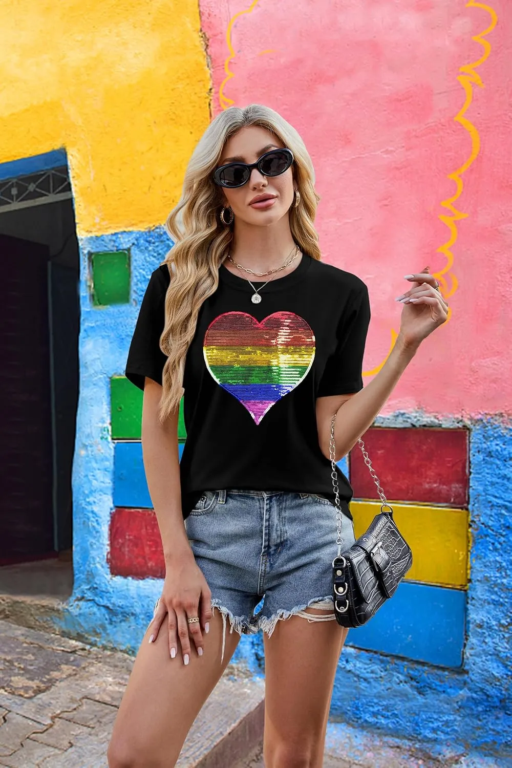 Pride Shirt Women LGBTQ Shirt: Sequin Rainbow Heart Shirts LGBT Equality T-Shirt Gay Proud Inspirational Short Sleeve Tees