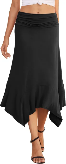PrinStory Women's Casual Elegant Flowy Handkerchief Hemline Midi Skirt