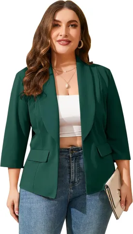 ShopWonder Womens Plus Size Casual Pocketed Blazer Office Open Front 3/4 Sleeve Cardigans Jacket Work Suit