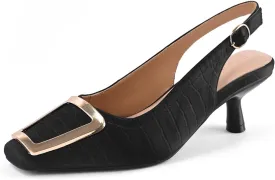 Slingback Kitten Heels for Women Closed Square Toe Low Heel Pumps with Metal Buckle Ankle Strap Heeled Sandals Dress Shoes for Work Date Daily Wear