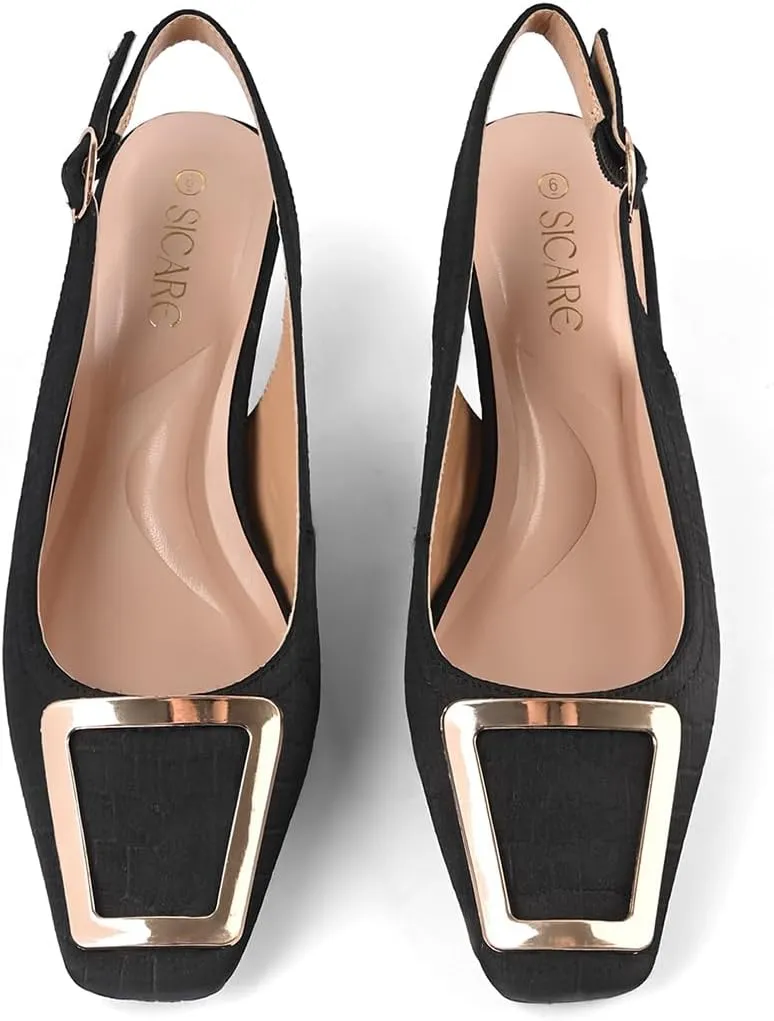 Slingback Kitten Heels for Women Closed Square Toe Low Heel Pumps with Metal Buckle Ankle Strap Heeled Sandals Dress Shoes for Work Date Daily Wear