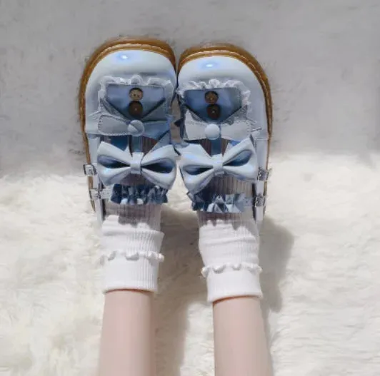 Sohiwoo kawaii shoes loli cos Japanese student sweet lolita shoes vintage round head comfortable women shoes cute lace ruffle bowknot ka