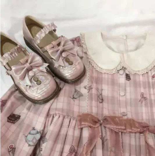 Sohiwoo kawaii shoes loli cos Japanese student sweet lolita shoes vintage round head comfortable women shoes cute lace ruffle bowknot ka