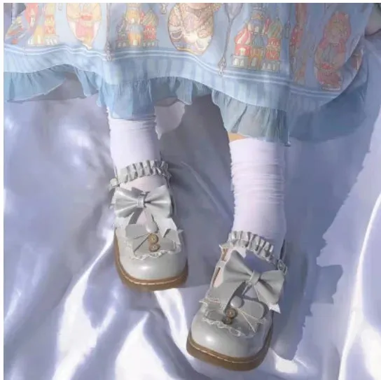 Sohiwoo kawaii shoes loli cos Japanese student sweet lolita shoes vintage round head comfortable women shoes cute lace ruffle bowknot ka