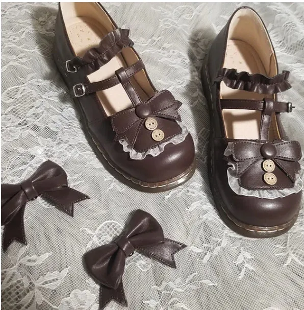 Sohiwoo kawaii shoes loli cos Japanese student sweet lolita shoes vintage round head comfortable women shoes cute lace ruffle bowknot ka