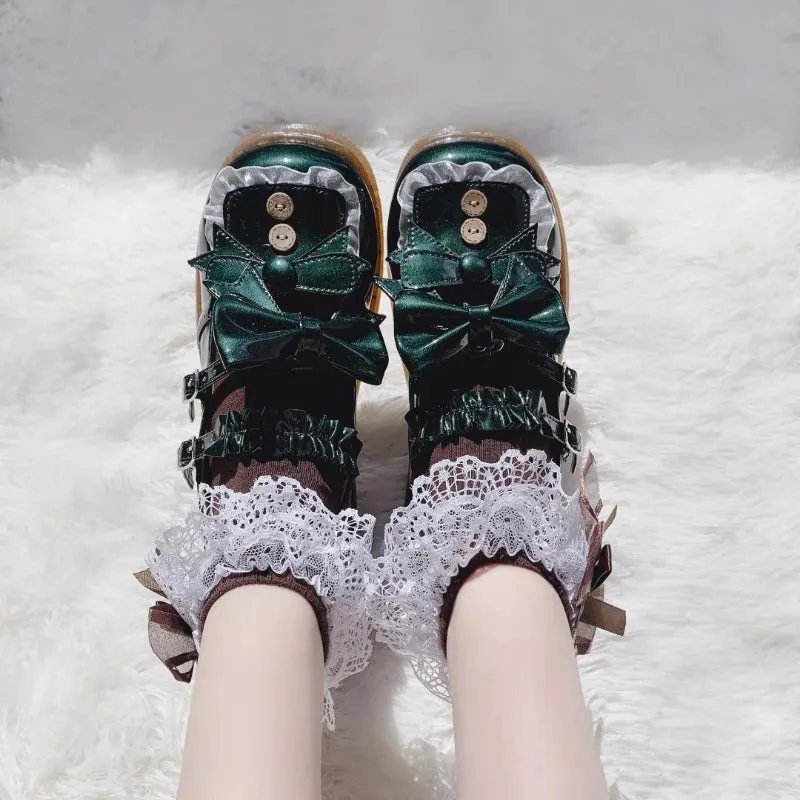Sohiwoo kawaii shoes loli cos Japanese student sweet lolita shoes vintage round head comfortable women shoes cute lace ruffle bowknot ka