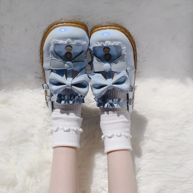 Sohiwoo kawaii shoes loli cos Japanese student sweet lolita shoes vintage round head comfortable women shoes cute lace ruffle bowknot ka